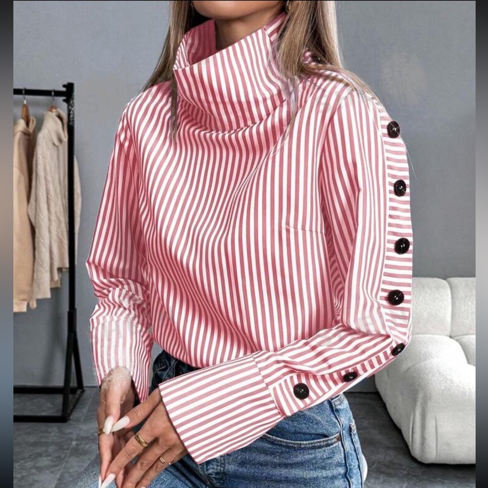 Blue & White Striped Button-Trim High Neck Shirt - Picture 5 of 6
